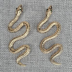 Gold Serpent Snake Green Rhinestone Crystal Eyes Earrings Boho Glam Bold Gothic